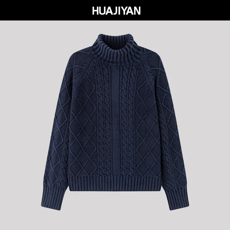 华吉言/HUAJIYAN【藤蔓】100棉做旧复古坑条针织立体绞花高领毛衣