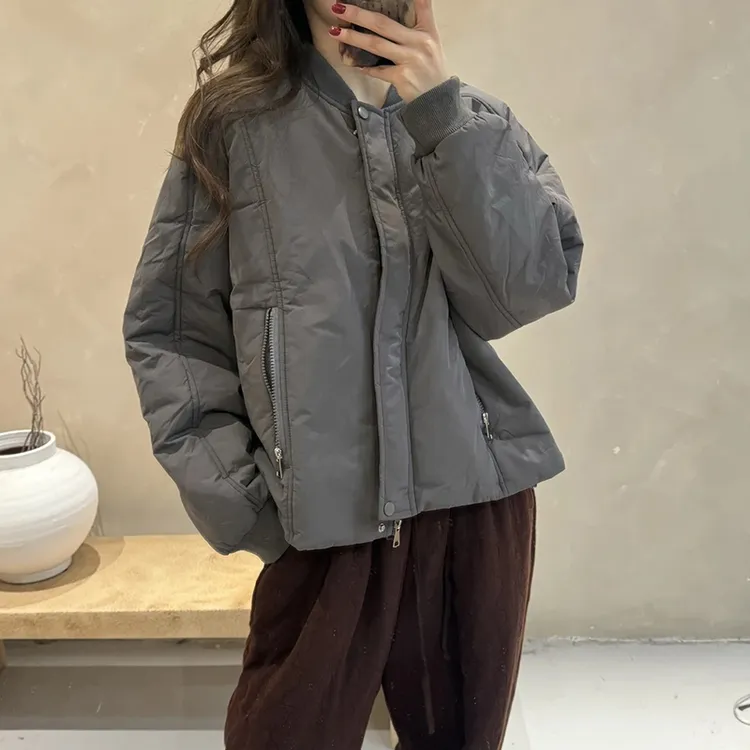 冬季简约纯色拼接长袖夹棉外套女潮流立领防风百搭拉链款夹克棉衣