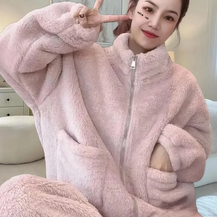 秋冬季保暖家居服睡衣套装女士加绒加厚拉链纯色休闲宽松时尚ins