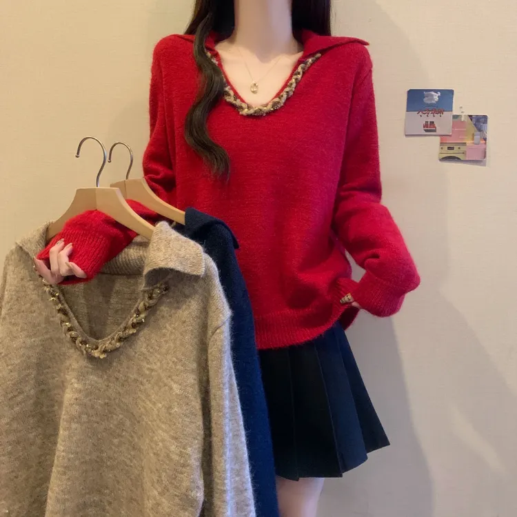 慵懒风大码时尚针织2025秋冬新款气质小翻V领显瘦通勤百搭毛衣女