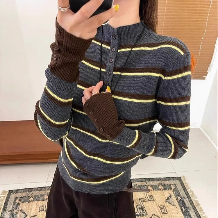 大码遮肚时尚流行针织衫条纹上衣女秋冬洋气百搭打底衫高级感毛衣