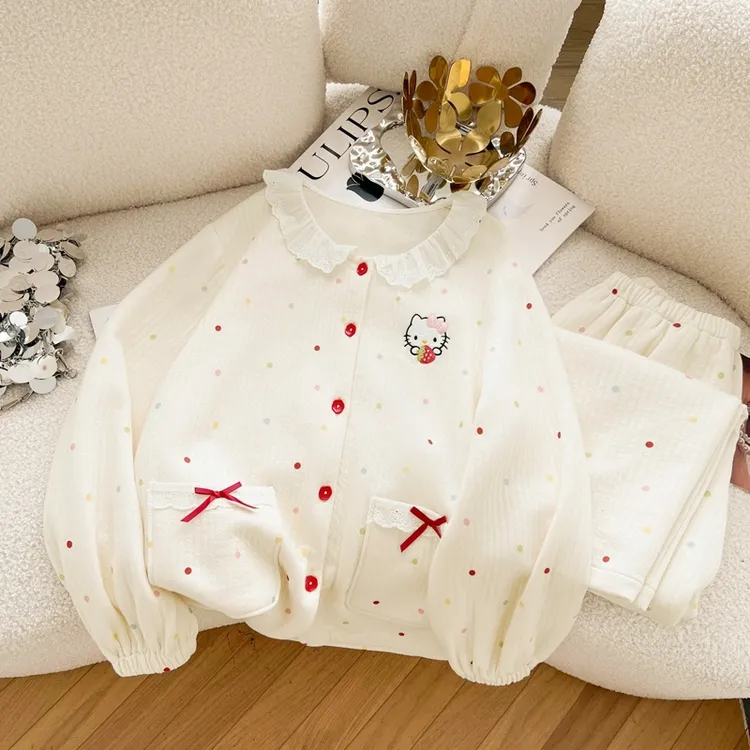 彩虹凯蒂｜冬季长袖大码睡衣圆领开衫波点可爱微胖女生大码家居服