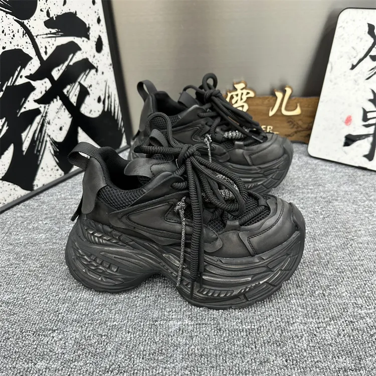 女鞋网红时尚百搭黑色韩版厚底老爹鞋秋季系带老爹鞋女ins潮流鞋