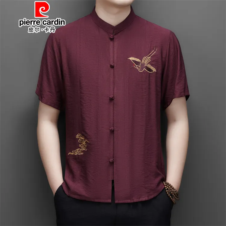 皮尔卡丹夏季新款中老年男士短袖唐装新中式中国风舒适透气唐装男