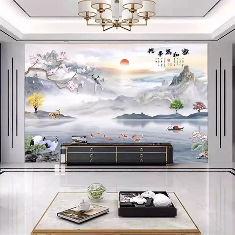 山水画客厅电视背景墙壁纸新中式壁画墙立体影视墙壁布3D墙纸定制