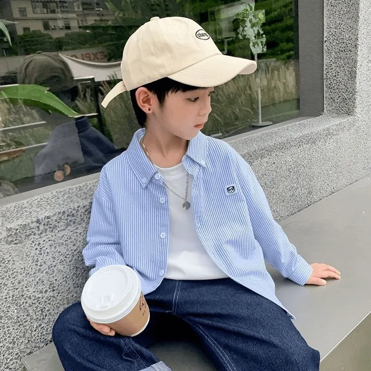 史努比男童纯棉细条长袖衬衫春秋童装上衣中大童洋气衬衣|学院风