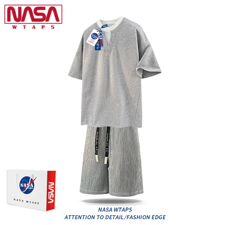 NASA WTAPS潮牌假两件短袖套装男夏季冰丝T恤短裤灰色简约两件套