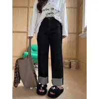 应小姐【洛克之路】微胖大码韩系休闲风显瘦百搭阔腿高腰直筒牛仔裤