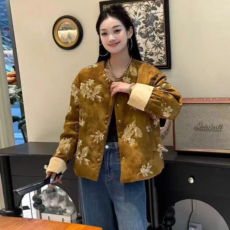 雅鹿新中式夹棉短外套女2025秋冬新款潮流洋气显瘦刺绣国风上衣潮