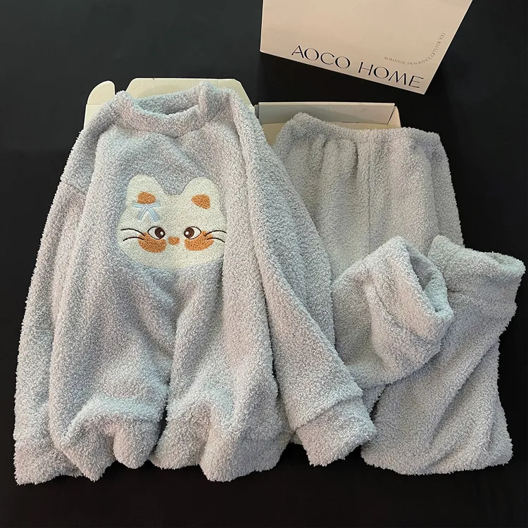 网红睡衣女新款冬季珊瑚绒可爱蓝色猫咪加厚保暖半边绒家居服套装
