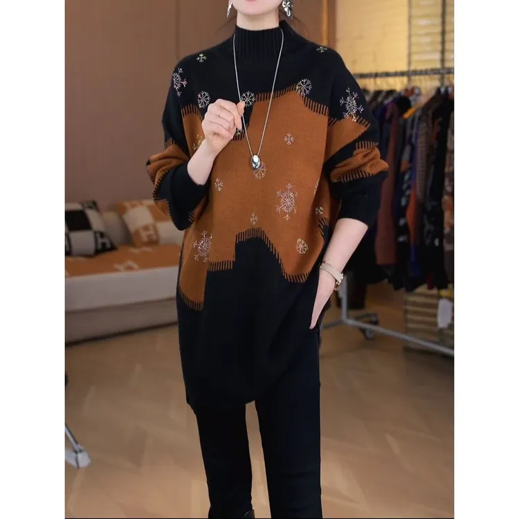 高端大气上档次保暖毛衣女秋冬新款大码宽松显瘦中长款针织衫上衣