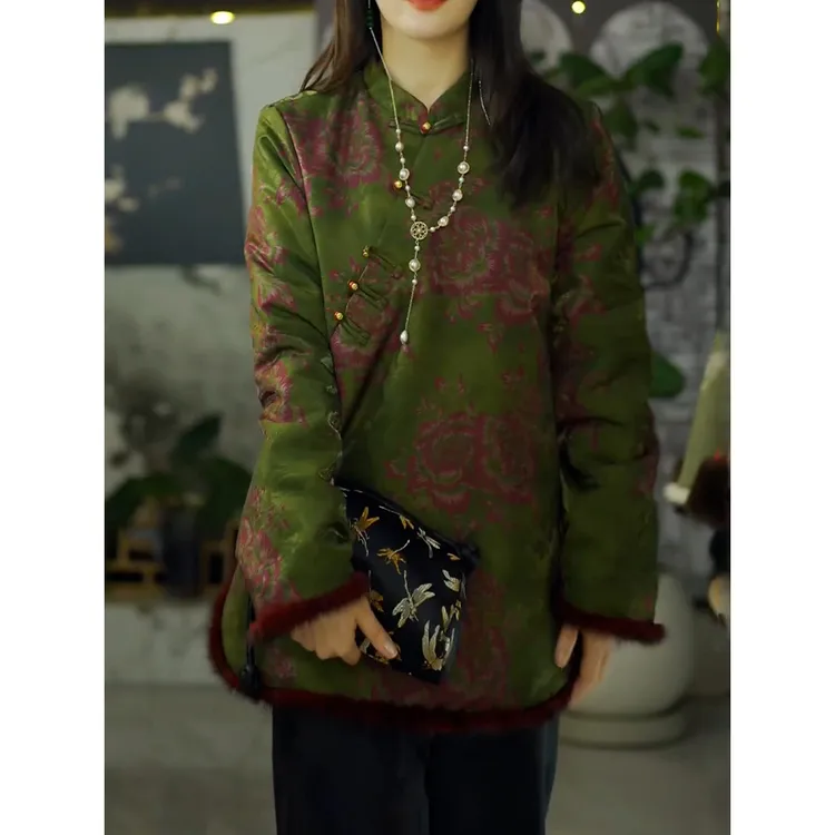 新中式国风印花斜襟盘扣夹棉外套女2025秋冬新款洋气别致保暖棉服