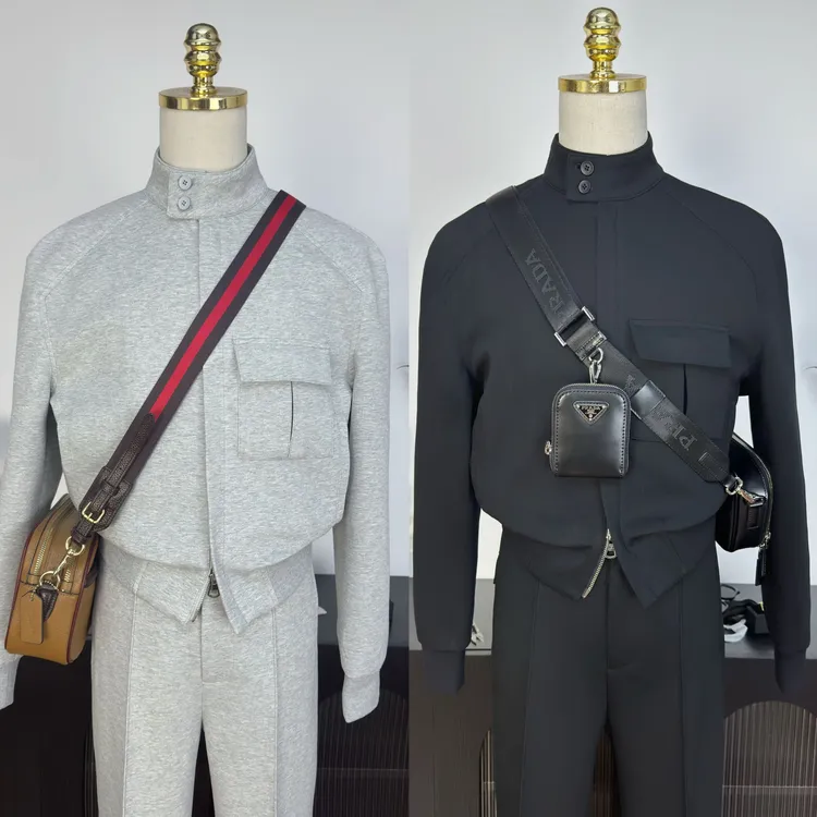 【西蒙曹】-秋冬原创设计短款显高廓形立领夹克直筒裤套装