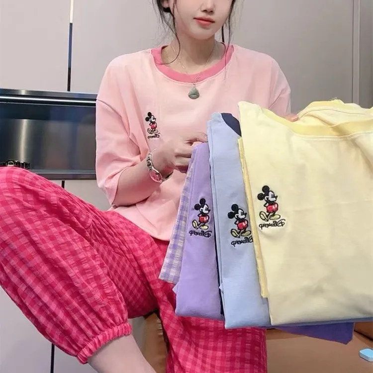 新款韩版糖果色减龄短袖睡衣女套装大码宽松休闲格子裤子家居服