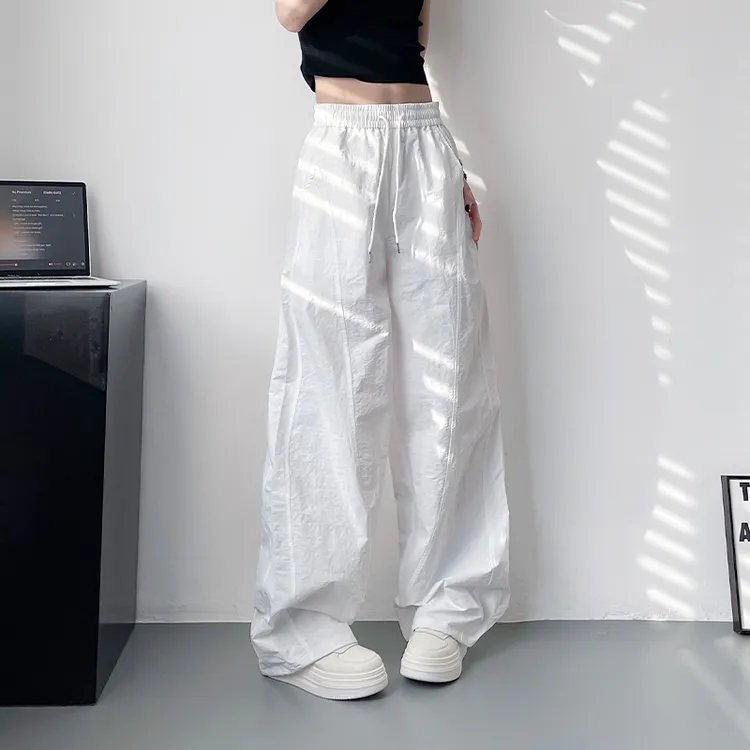 白色夏季清凉阔腿裤女大码胖mm显瘦遮肉休闲裤高腰抽绳速干运动裤