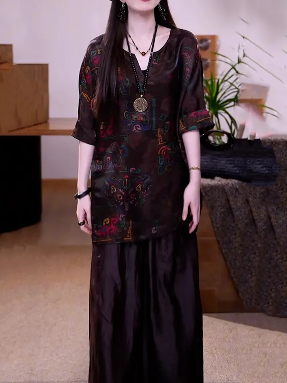 高级感轻奢贵夫人裤套装女2025夏季新款印花七分袖休闲衬衫+裤子