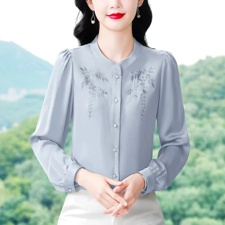 2025精美刺绣女士气质衬衫新品缎面显瘦气质春季长袖上衣小衫459