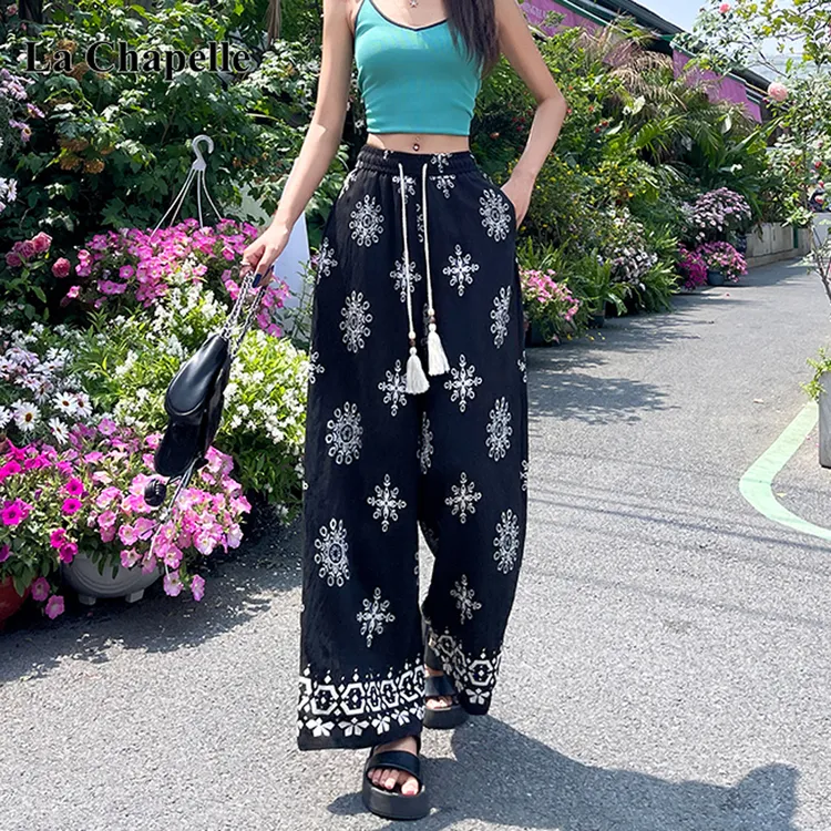 拉夏贝尔夏季新款印花抽绳阔腿裤女宽松百搭度假风舒适棉麻休闲裤