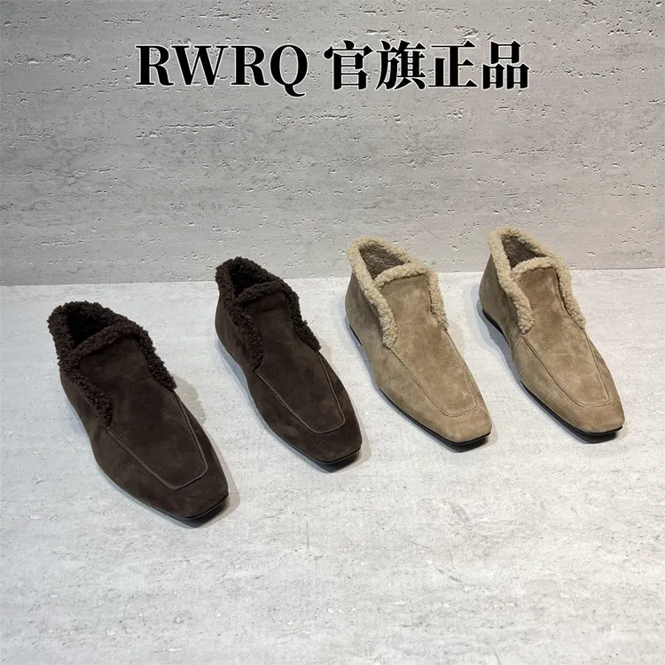 欧洲站女2025秋冬新款欧货真皮方头平底羊毛保暖深口毛毛鞋乐福鞋