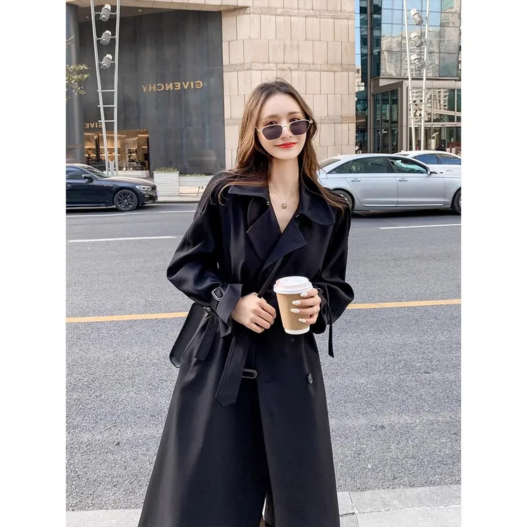 风衣外套女2025春秋新款小个子英伦风中长款显瘦气质收腰黑色大衣