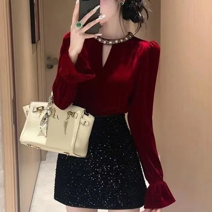 红色镂空丝绒衬衫女秋冬轻奢法式修身显瘦独特漂亮长袖上衣气质