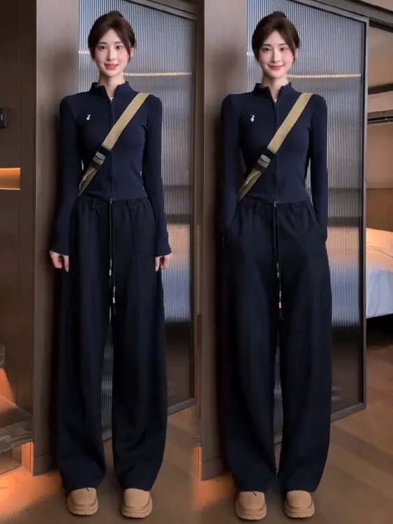 时尚休闲套装女2025秋季新款韩版修身显瘦立领卫衣阔腿裤两件套潮