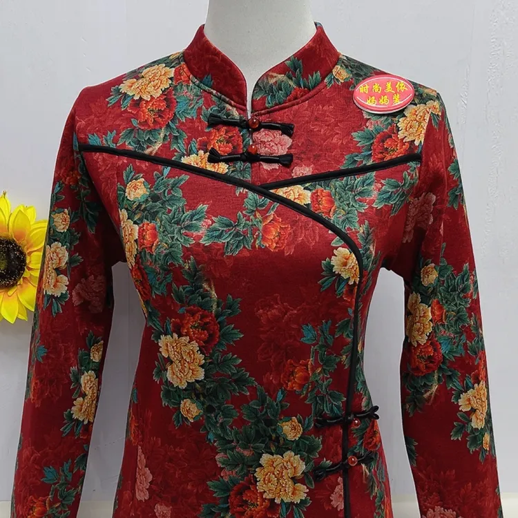 秋冬新款加绒保暖复古盘扣套头打底上衣宽松显瘦妈妈装