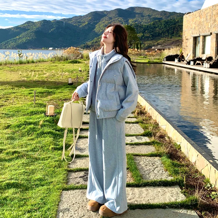 极简风设计感马甲卫衣休闲裤2025冬季新款韩系ins风学院风三件套