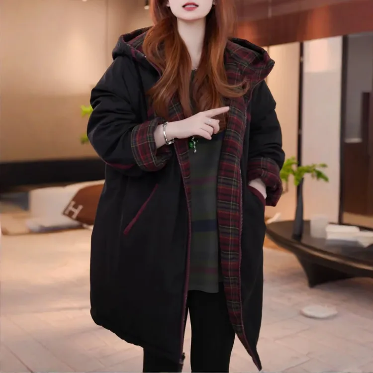 时尚宽松显瘦双面穿连帽棉服2026秋冬新款加厚保暖中长款棉衣外套