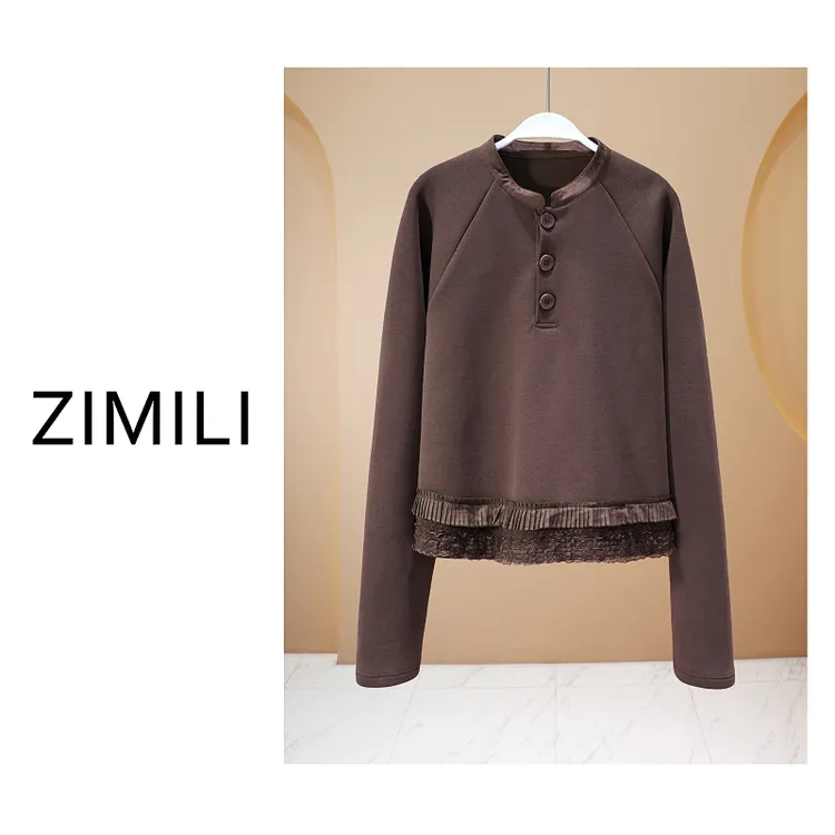【亮哥欧货女装】冬季热暖绒加厚《水溶蕾丝》深咖亲肤卫衣26092-C0