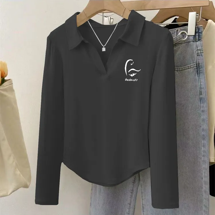 春秋季POLO领不规则下摆简约2025新款休闲打底衫纯棉长袖女士上衣