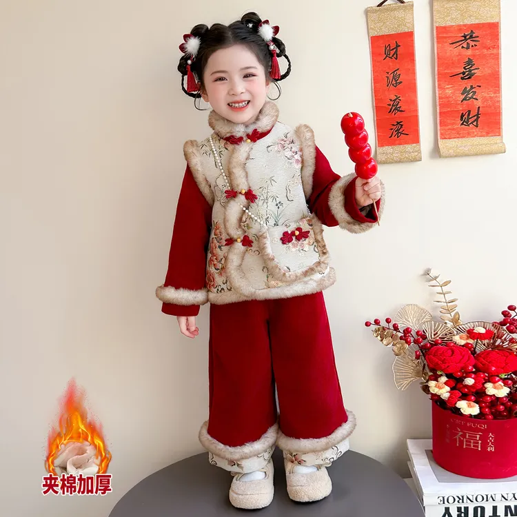女童冬装汉服拜年服套装2025新款儿童夹棉加厚唐装冬季过新年衣服