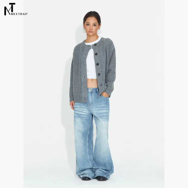 Mcetrap美式复古灰色牛角扣针织开衫女宽松休闲毛衣外套羊毛衫