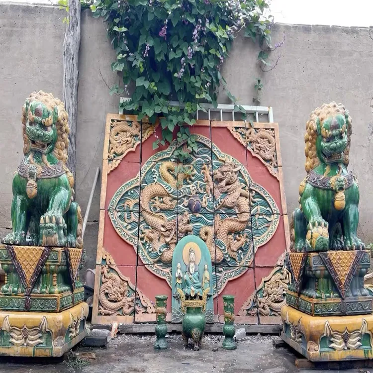 法华彩琉璃影壁二龙戏珠手工手工复古风格民族风，高1.6×1.95米