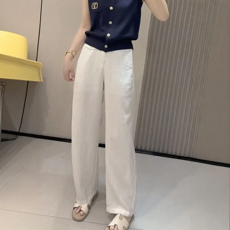 乳白色天丝莱赛尔透气直筒休闲裤女夏季薄款透气宽松遮胯阔腿裤子