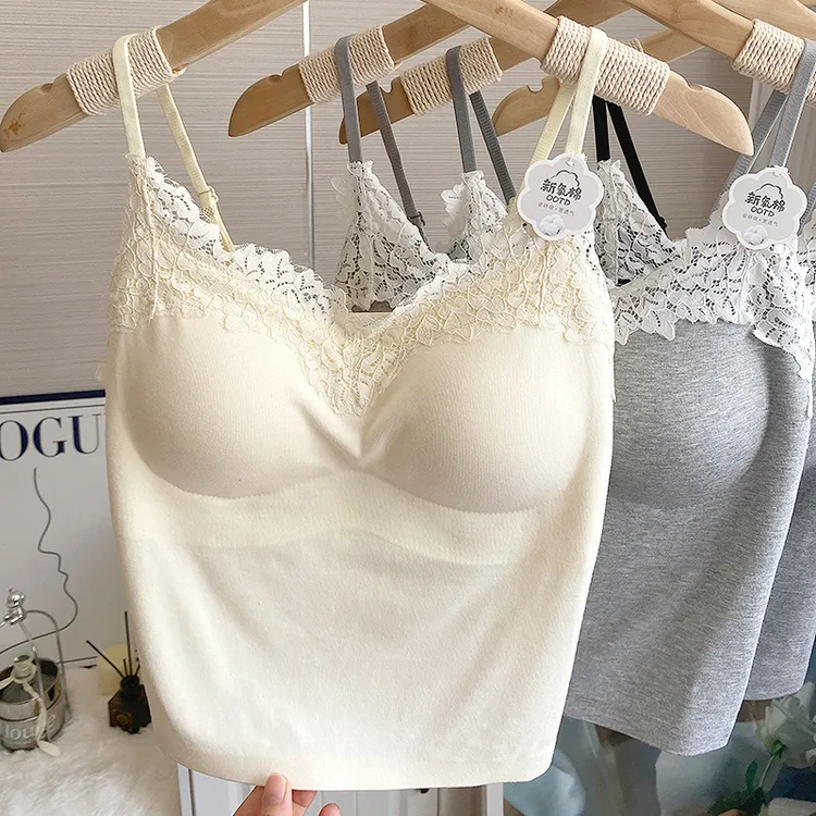 蕾丝边V领美背吊带文胸一体秋季内搭带胸垫背心女性感舒适打底
