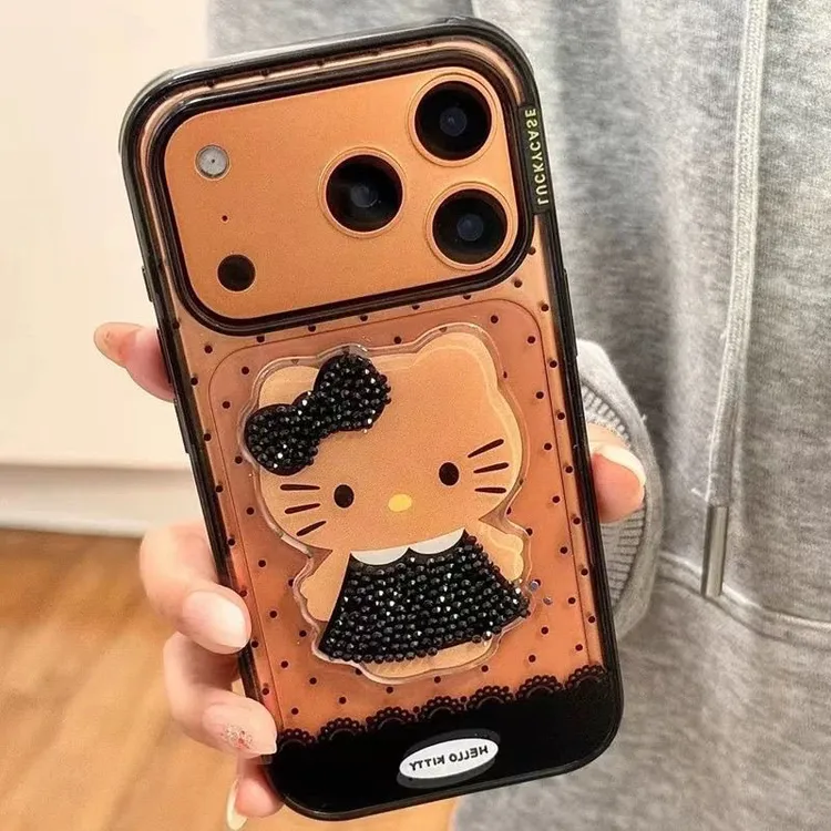 卡通可爱黑波点立体KT贴件透明手机壳适用于苹果17promax16/15/14