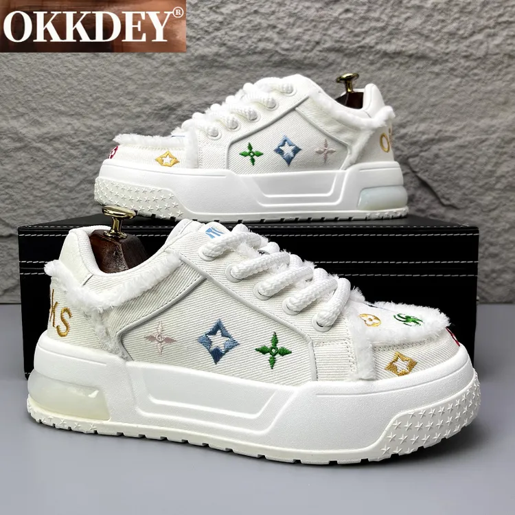 okkdey潮流厚底百搭小白鞋时尚男士休闲鞋刺绣低帮刺绣运动板鞋