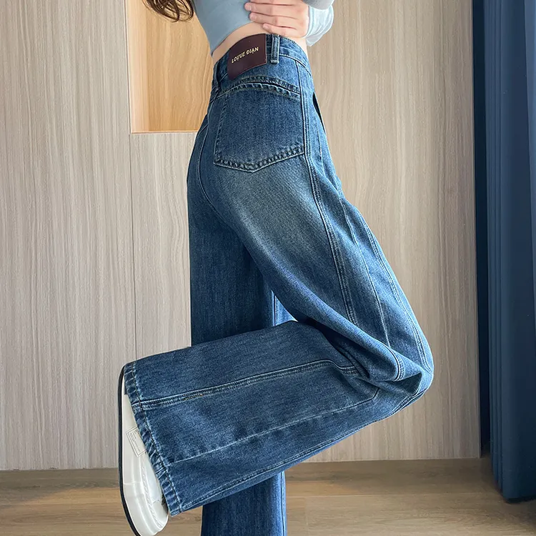 个性阔腿牛仔裤女侧边拼接显瘦休闲中性风2025秋季欧美街头弯刀裤