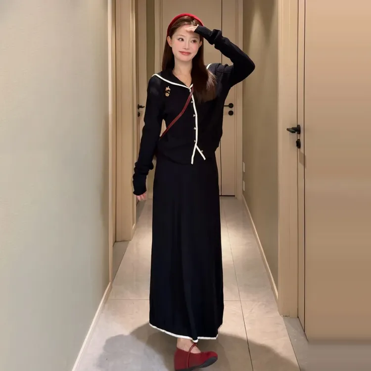 气质穿搭一整套黑色连衣裙子女2025新款小个子早秋季套装长裙7832