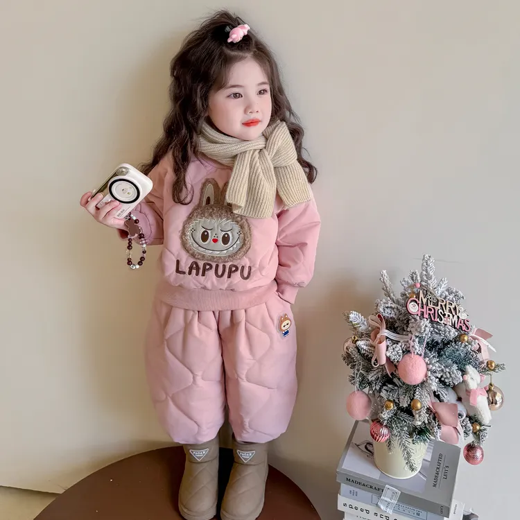 女童套装秋冬季宝宝洋气加绒绗棉加厚保暖儿童棉衣棉裤两件套冬装