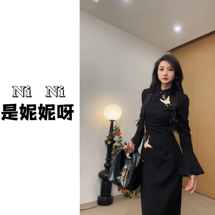 X1576 A字裙高腰长袖秋季拉链连衣裙针织时尚中国风显瘦