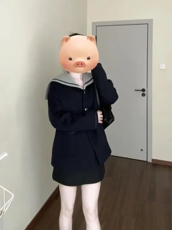 韩系小香风穿搭一整套冬季新款海军领撞色毛呢外套高腰短裙两件套