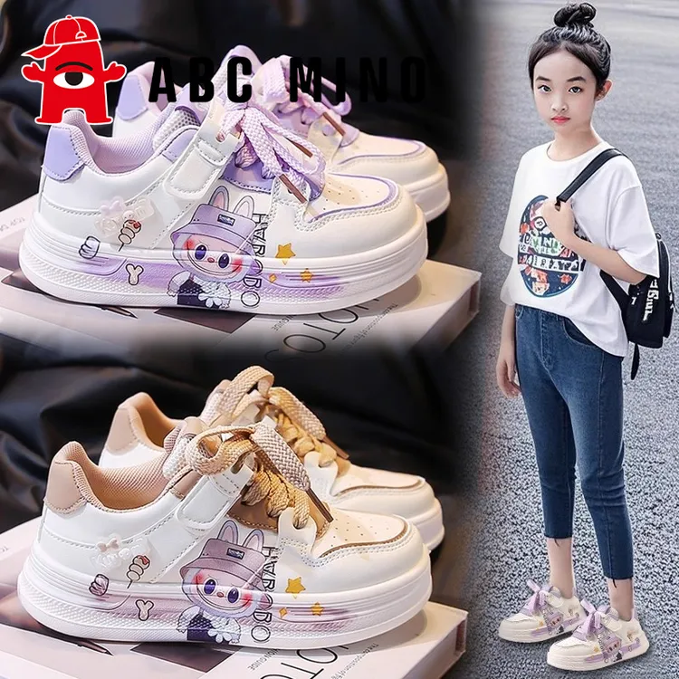 ABC MINO拉布布女童鞋秋季2025新款儿童皮面运动板鞋中大童小白鞋