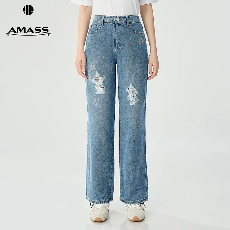 阿玛施AMASS 品质女装百搭高腰宽松烫钻破洞牛仔宽腿长裤510008
