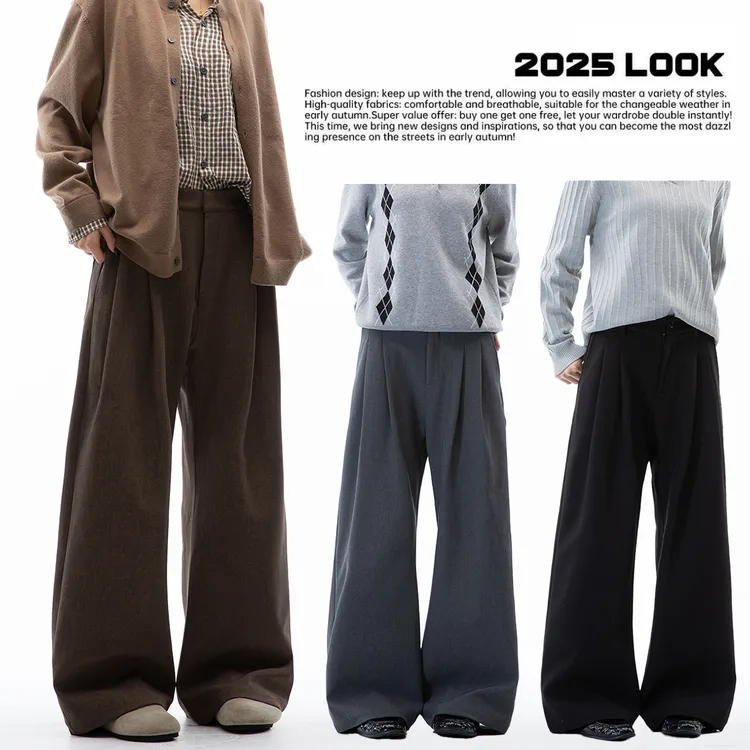 打褶休闲裤微喇直筒男女高腰显瘦西裤秋冬厚款复古宽松休闲长裤子