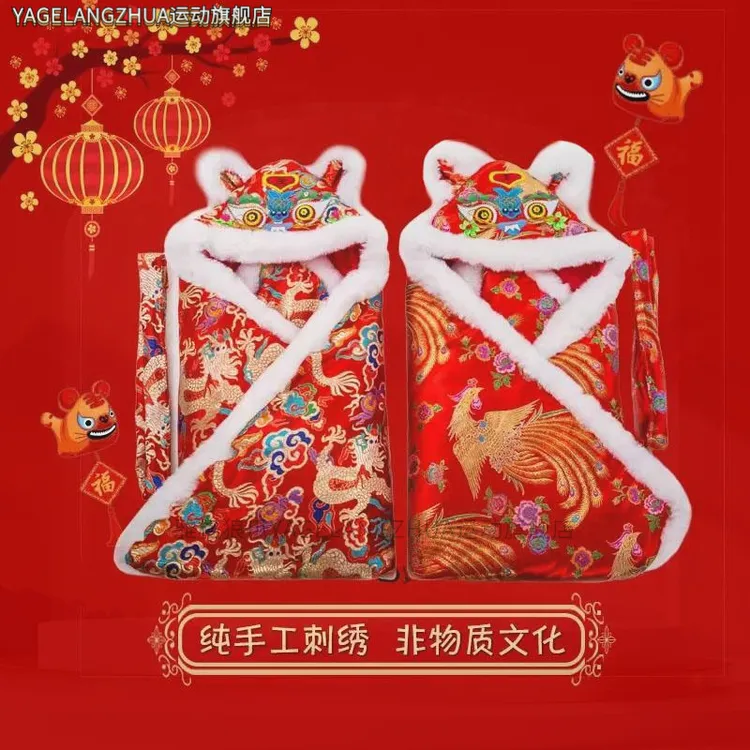 纯手工新生儿中国风刺绣加厚虎头抱被婴儿披风虎头包被婴儿盖被