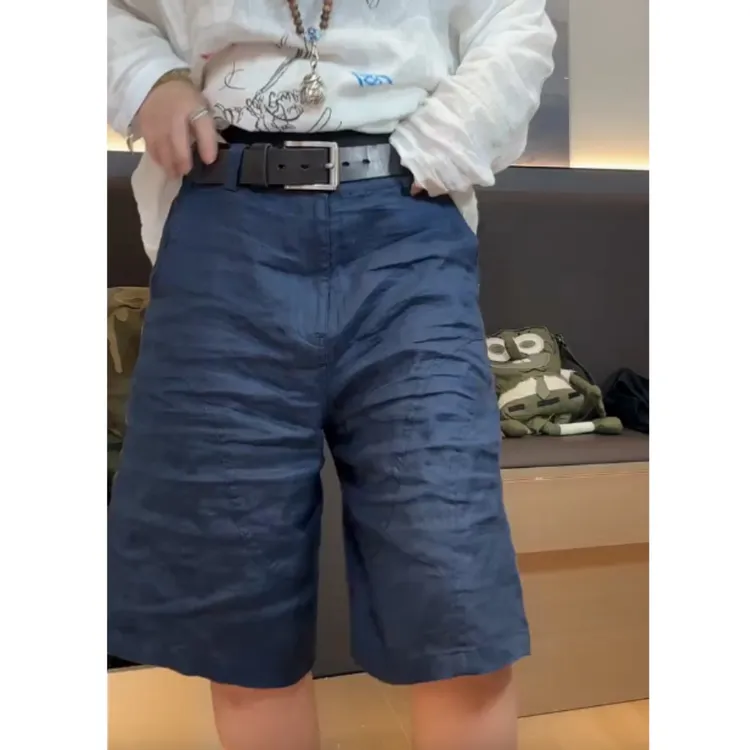 2025夏季新款高腰显瘦大码阔腿休闲亚麻短裤