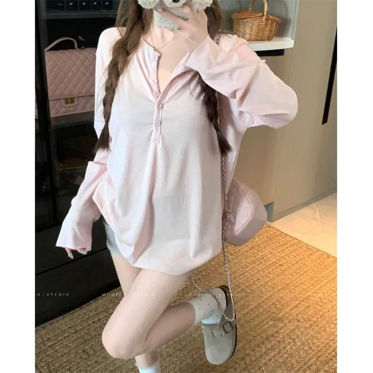 春秋休闲针织长袖T恤韩版纯欲懒惰风女装宽松薄款小众ins性感罩衫