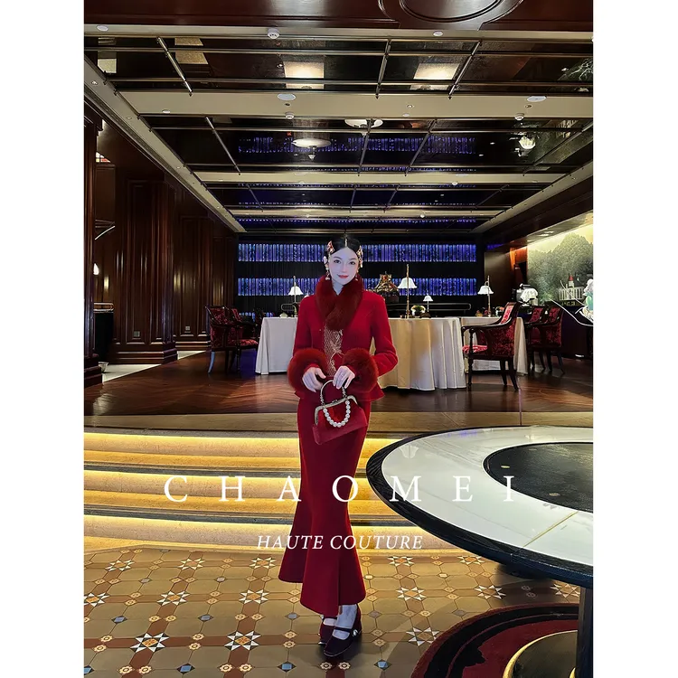 【红烛宴】冯（CHAOMEI国风新中式订婚结婚礼服100羊毛套装+狐狸毛领
